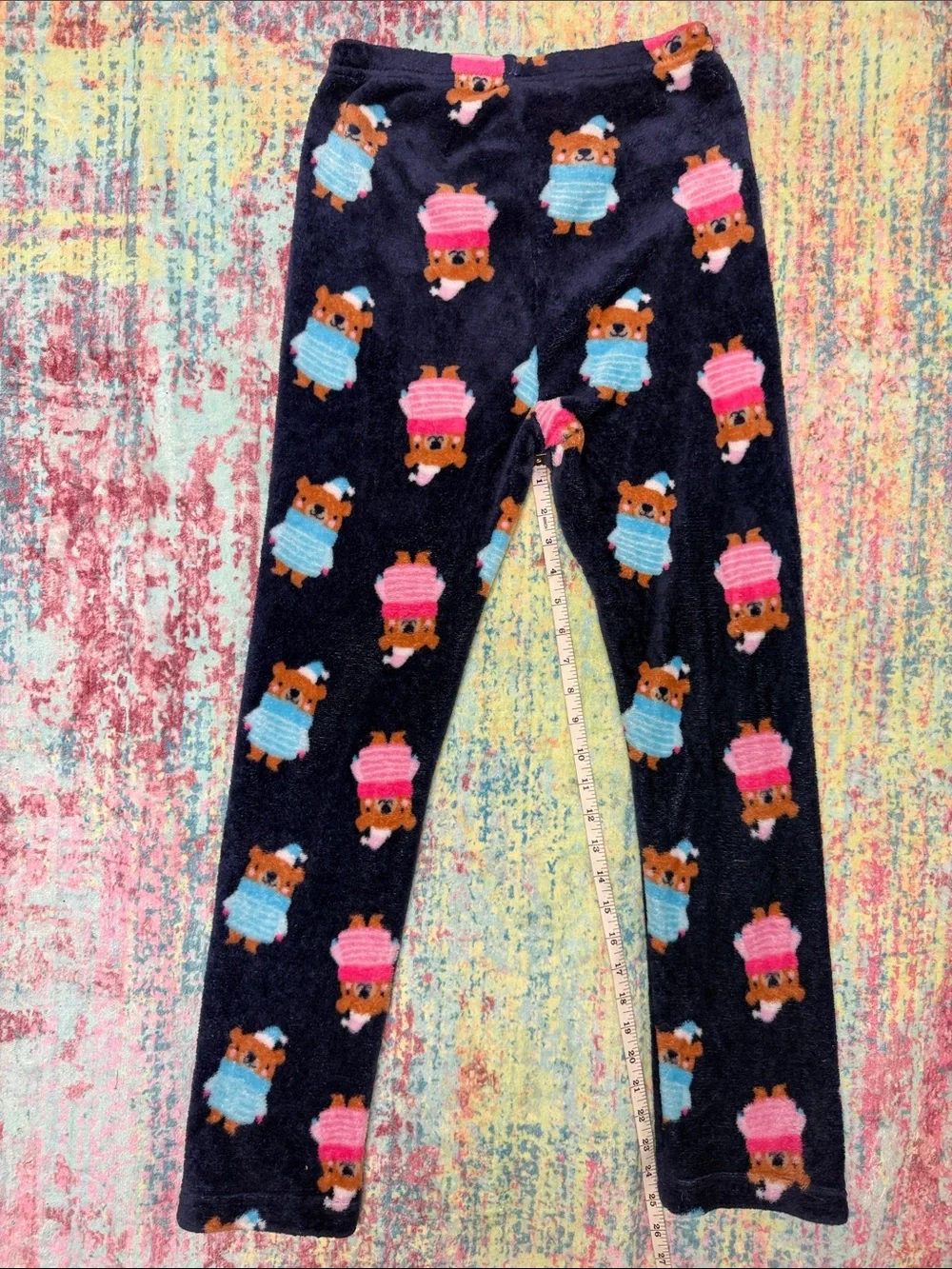 Girls' Navy Plush Pajama Pants with Pink & Blue Bear Motif